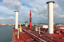 Finnish startup company Norsepower installed its rotor sail technology on the Maersk Pelican tanker, Aug. 29, 2018, at Rotterdam, Netherlands.