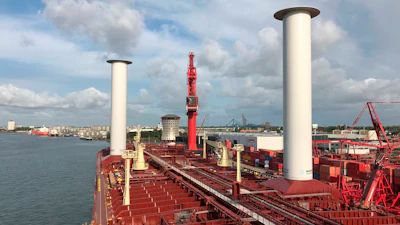 Finnish startup company Norsepower installed its rotor sail technology on the Maersk Pelican tanker, Aug. 29, 2018, at Rotterdam, Netherlands.