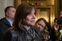General Motors CEO Mary Barra speaks to reporters after a meeting with Sen. Sherrod Brown, D-Ohio, and Sen. Rob Portman, R-Ohio.