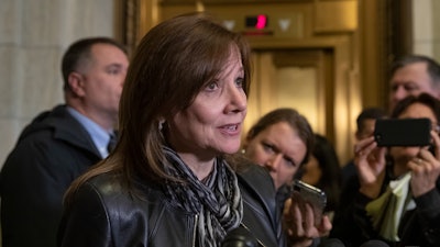 General Motors CEO Mary Barra speaks to reporters after a meeting with Sen. Sherrod Brown, D-Ohio, and Sen. Rob Portman, R-Ohio.