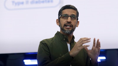 In this May 8, 2018, file photo, Google CEO Sundar Pichai speaks at the Google I/O conference in Mountain View, Calif.