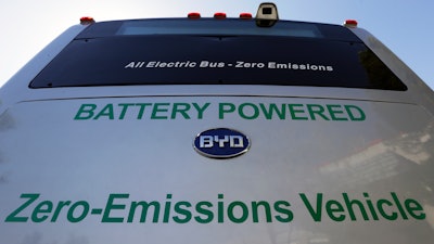 In this May 1, 2013, file photo, an All Electric Bus is parked in Lancaster, Calif.