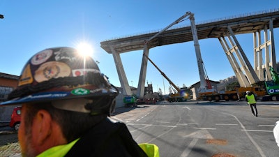 A view of the opening of the construction sites for the demolition of the collapsed Morandi highway bridge in Genoa, Dec. 15, 2018.