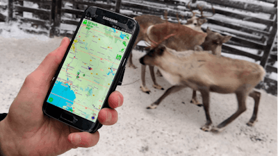Reindeer herder Seppo Koivisto holds a smartphone, showing the mobile app used to locate reindeer, in Rovaniemi, Finland, Thursday Dec. 13 2018.