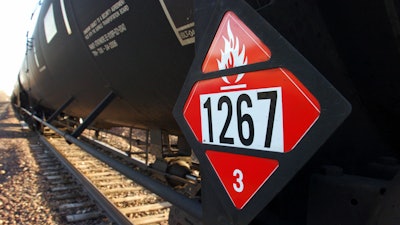 This Nov. 6, 2013 file photo shows a warning placard on a tank car carrying crude oil near a loading terminal in Trenton, N.D.