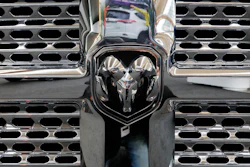 This Feb. 15, 2018, file photo, shows Ram logo on the grill of a Ram truck on display at the Pittsburgh Auto Show.