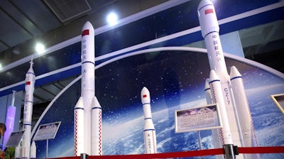Models of Chinese space rockets at the 2017 China Beijing International High-Tech Expo.