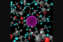 An illustration of the electrolyte solution used in the new study on the atomic scale. The fluoride ion (pink) is surrounded by a liquid of BTFE molecules.