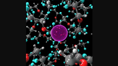 An illustration of the electrolyte solution used in the new study on the atomic scale. The fluoride ion (pink) is surrounded by a liquid of BTFE molecules.