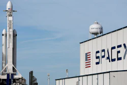 A SpaceX Falcon 9 heavy rocket at the Kennedy Space Center in Cape Canaveral, Fla., Monday, Feb. 5, 2018.