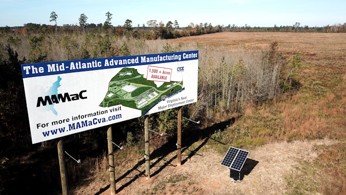 A promotional billboard sits on the southern corner of the Mid-Atlantic Advanced Manufacturing Center that has been developed in Emporia, Va., Wednesday, Oct. 31, 2018.