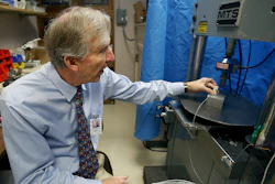 In this Dec. 17, 2018 photo, John Szivek of the University of Arizona explains how the scaffold made from a 3-D printer is tested.