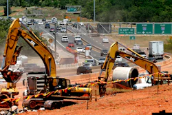 In this May 31, 2017 photo, traffic travels along Interstate 235 near a construction project in Oklahoma City, Okla.