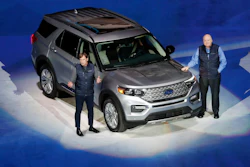 Ford Motor Co. President, Global Markets Jim Farley and President and CEO Jim Hackett stand next to the redesigned 2020 Ford Explorer, Wednesday, Jan. 9, 2019, in Detroit.