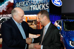Ford President and CEO Jim Hackett, left, meets with Dr. Herbert Diess, CEO of Volkswagen AG, Monday, Jan. 14, 2019, in Detroit.
