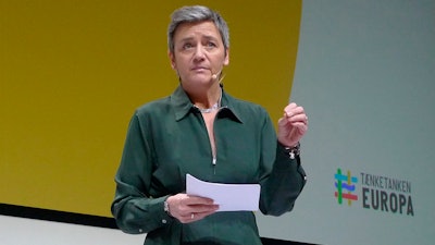 European Union Competition Commissioner Margrethe Vestager delivers a speech in Copenhagen, Monday Jan. 14, 2019.