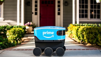 This undated photo provided by Amazon shows a self-driving delivery robot that Amazon is calling Scout.