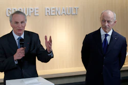 Renault chairman Jean-Dominique Senard, left, and CEO Thierry Bollore address the media after a board meeting held at Renault headquarters, Thursday, Jan. 24, 2019.