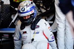 Alex Zanardi practices driver changes with team members in the BMW M8 GTE as he prepares for the IMSA 24 hour race at Daytona International Speedway, Friday, Jan. 25, 2019.