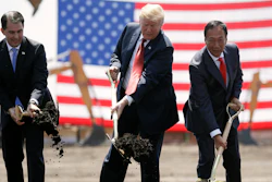 In this June 28, 2018, file photo, President Donald Trump, then-Wisconsin Gov. Scott Walker and Foxconn Chairman Terry Gou participate in a groundbreaking event for the new Foxconn facility in Mt. Pleasant, Wis.