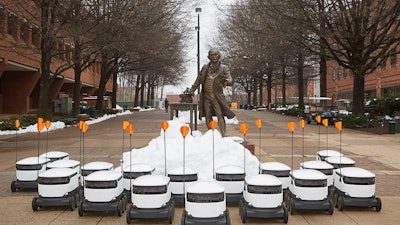 The world's largest fleet of autonomous delivery robots launches on the campus of George Mason University in Fairfax, Va.