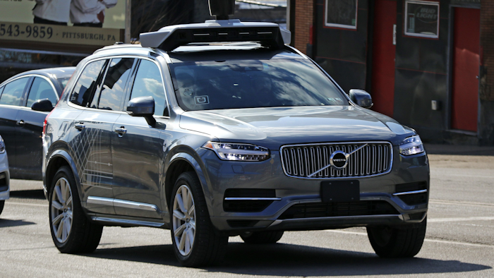 This March 17, 2017, photo shows an Uber self-driving Volvo in Pittsburgh.