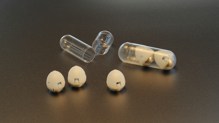 This undated photo provided by researchers in February 2019 shows the components of swallowable self-righting device which can inject drugs from inside the stomach.