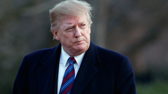 In this Friday, Feb. 8, 2019, file photo, President Donald Trump arrives on Marine One on the South Lawn of the White House in Washington.