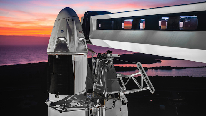 This photo, made available by SpaceX on Feb 6, 2019, shows the Dragon crew capsule atop a Falcon 9 rocket at the launch pad at Kennedy Space Center in Florida.