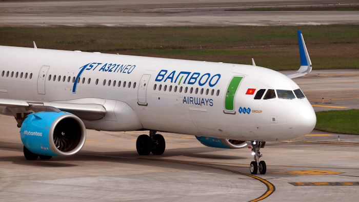 In this Feb. 19, 2019, photo, a Bamboo Airways airplane taxis on the tarmac at Noi Bai airport in Hanoi.