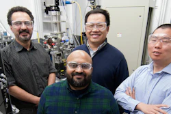Co-authors of a paper about the 3D manufacturing process inside a hutch at Argonne's Advanced Photon Source. Pictured, clockwise from top left, are Kamel Fezzaa, an APS beamline scientist; Tao Sun, an APS beamline scientist; Cang Zhao, an APS postdoc, and Niranjan Parab, an APS postdoc.