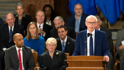 In this Jan. 7, 2019 file photo, Gov. Tony Evers addresses the audience during the inauguration ceremony at the state Capitol in Madison, Wis.