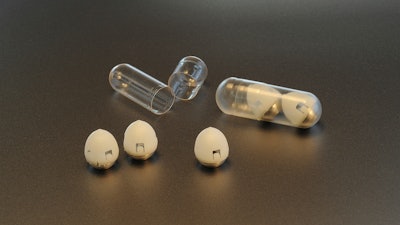 This undated photo provided by researchers in February 2019 shows the components of swallowable self-righting device which can inject drugs from inside the stomach.