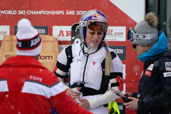 In this photo taken Feb. 8, 2019, Lindsey Vonn wears an airbag at the world championships in Are, Sweden.