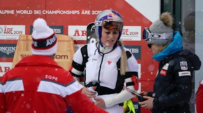 In this photo taken Feb. 8, 2019, Lindsey Vonn wears an airbag at the world championships in Are, Sweden.