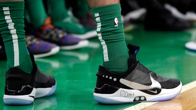 In this Feb. 7, 2019, photo, Boston Celtics forward Jayson Tatum wears Nike's latest performance basketball shoes.