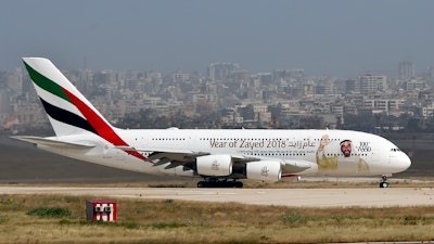 In this March. 29, 2018, file photo, a double-decker Airbus A380 plane lands at the Rafik Hariri International Airport in Beirut, Lebanon.