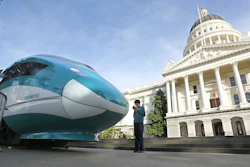 In this Feb. 26, 2015, file photo, a full-scale mock-up of a high-speed train is displayed at the Capitol in Sacramento, Calif.