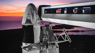 This photo, made available by SpaceX on Feb 6, 2019, shows the Dragon crew capsule atop a Falcon 9 rocket at the launch pad at Kennedy Space Center in Florida.
