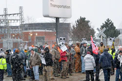 Wabtec Corp. employees, who are members of UE Local 506, strike near the west gate of the former GE Transportation plant in Lawrence Park Township, Pa., on Tuesday, Feb. 26, 2019.