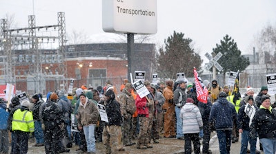 Wabtec Corp. employees, who are members of UE Local 506, strike near the west gate of the former GE Transportation plant in Lawrence Park Township, Pa., on Tuesday, Feb. 26, 2019.