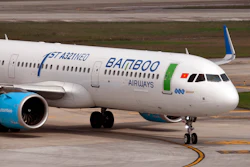 In this Feb. 19, 2019, photo, a Bamboo Airways airplane taxis on the tarmac at Noi Bai airport in Hanoi.