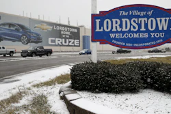 A banner depicting the Chevrolet Cruze model vehicle is displayed at the General Motors’ Lordstown plant.
