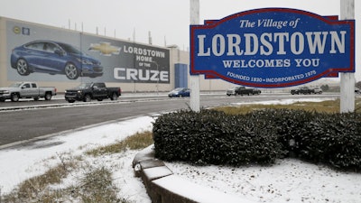 A banner depicting the Chevrolet Cruze model vehicle is displayed at the General Motors’ Lordstown plant.