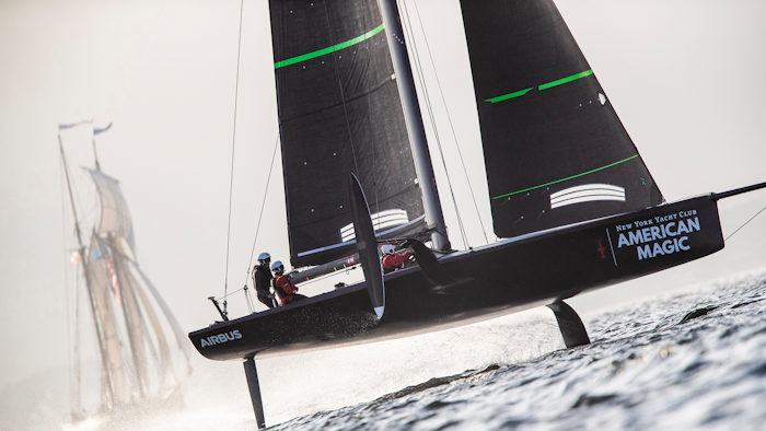 In a photo provided by New York Yacht Club's American Magic, American Magic's test boat knowns as the Mule undergoes training Feb. 23, 2019, at Pensacola, Fla. American Magic is the only one of the seven teams for the 2021 America's Cup that has built the closest thing allowed by the rules to what the actual race boat, the AC75, will look and perform like. American Magic is building its first AC75 in Rhode Island and expects it to be finished by the middle of the summer.
