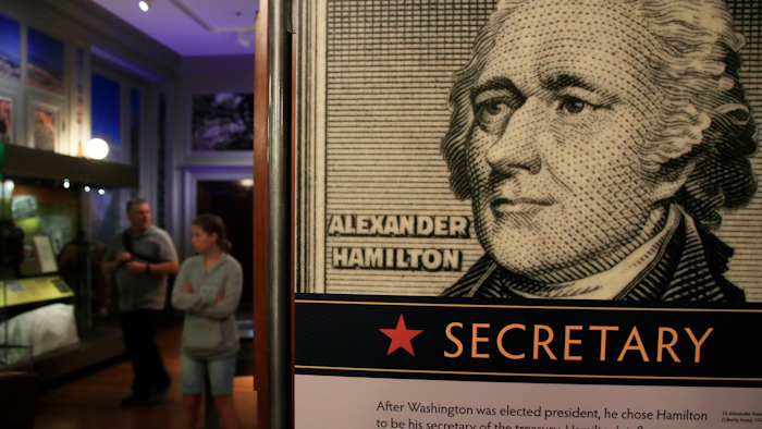This June 11, 2018, file photo shows an Alexander Hamilton exhibit called at Smithsonian National Postal Museum in Washington.