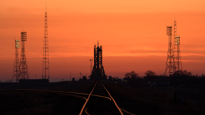 The Soyuz rocket is seen at dawn on launch site 1 of the Baikonur Cosmodrome, Thursday, March 14, 2019, in Kazakhstan.