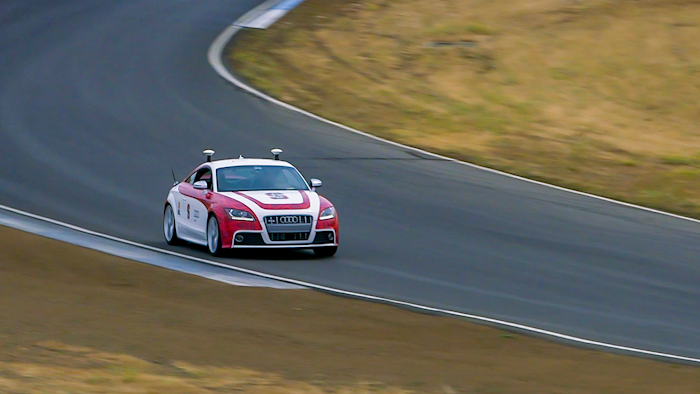 Shelley, Stanford’s autonomous Audi TTS, performs at Thunderhill Raceway Park.
