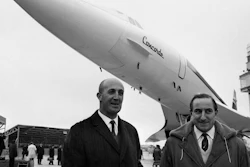 In this Dec. 11, 1967, file photo, test pilots Andre Turcat and Brian Trubshaw stand in front of the prototype of the jet during its roll out ceremony in Toulouse.