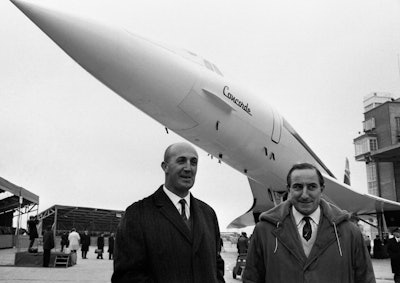 In this Dec. 11, 1967, file photo, test pilots Andre Turcat and Brian Trubshaw stand in front of the prototype of the jet during its roll out ceremony in Toulouse.
